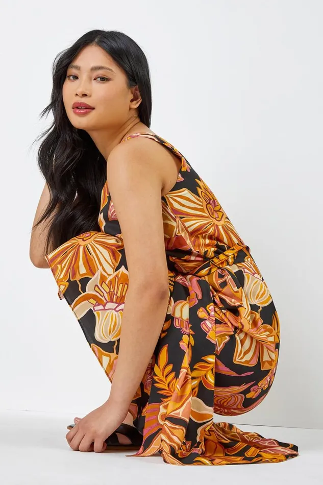 Women Rust Petite Floral Print Tiered Dress Roman Dresses