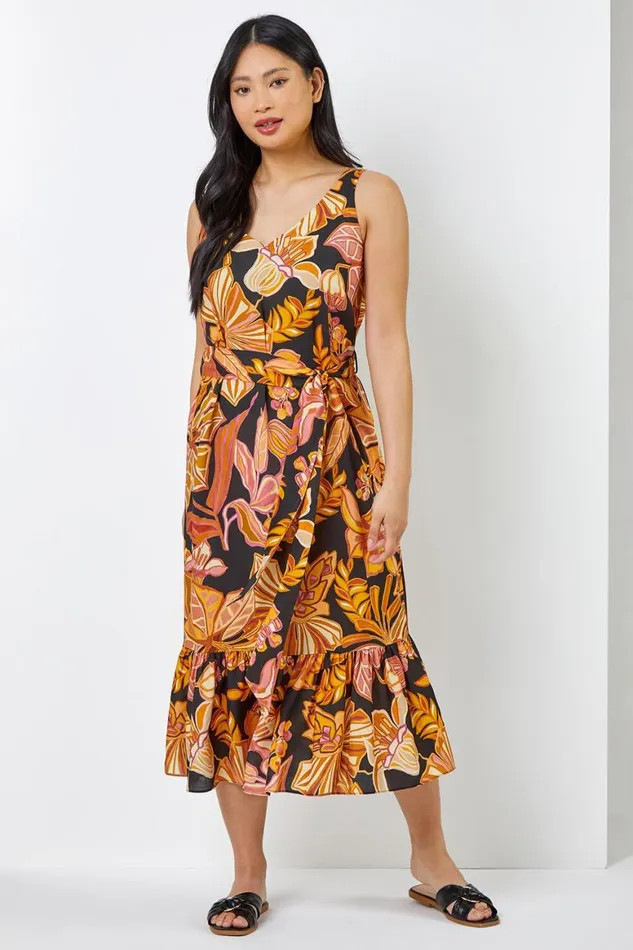 Women Rust Petite Floral Print Tiered Dress Roman Dresses
