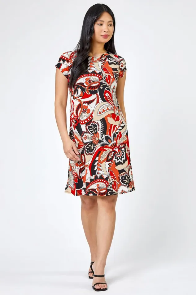 Women Rust Petite Paisley Print Necklace Shift Dress Roman Dresses