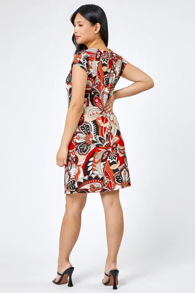 Women Rust Petite Paisley Print Necklace Shift Dress Roman Dresses