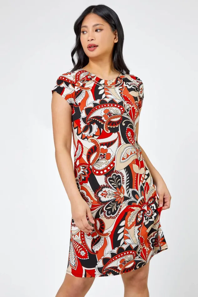 Women Rust Petite Paisley Print Necklace Shift Dress Roman Dresses