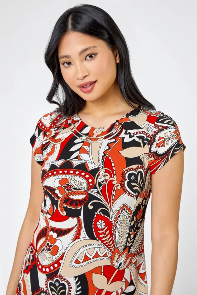 Women Rust Petite Paisley Print Necklace Shift Dress Roman Dresses