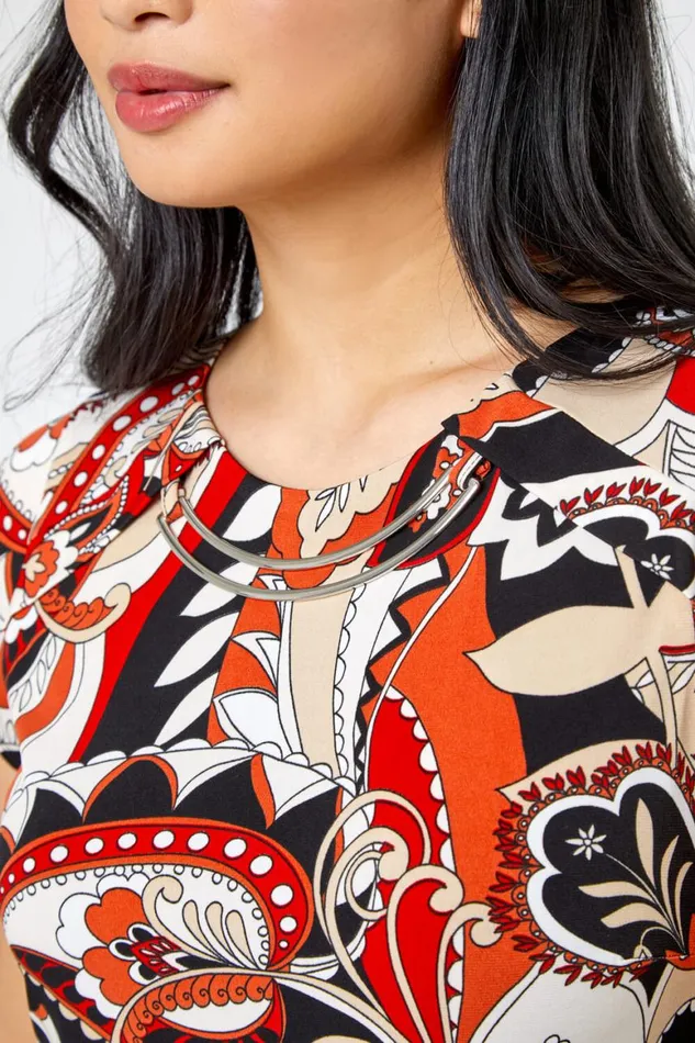 Women Rust Petite Paisley Print Necklace Shift Dress Roman Dresses