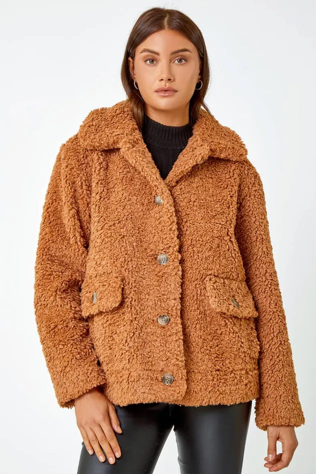 Women Rust Short Soft Teddy Coat Roman Coats