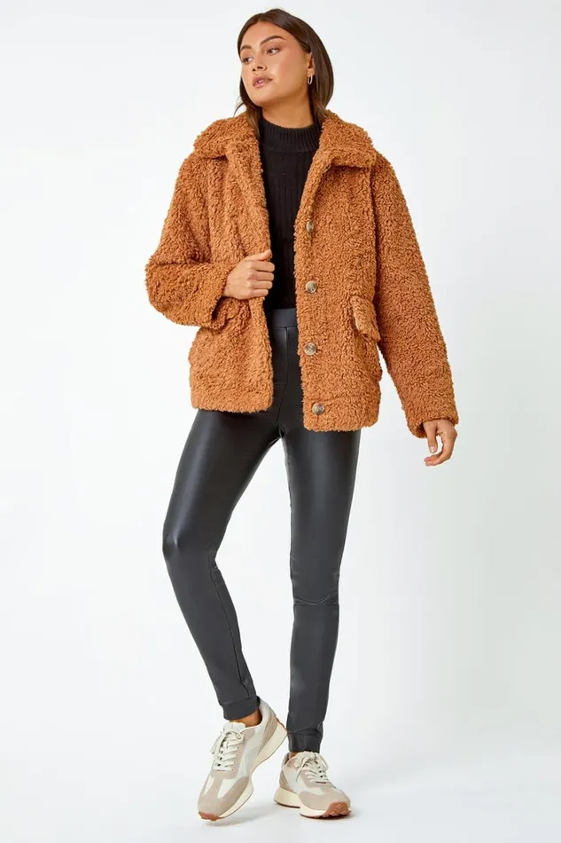 Women Rust Short Soft Teddy Coat Roman Coats