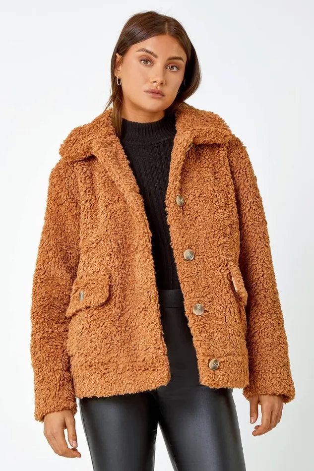 Women Rust Short Soft Teddy Coat Roman Coats