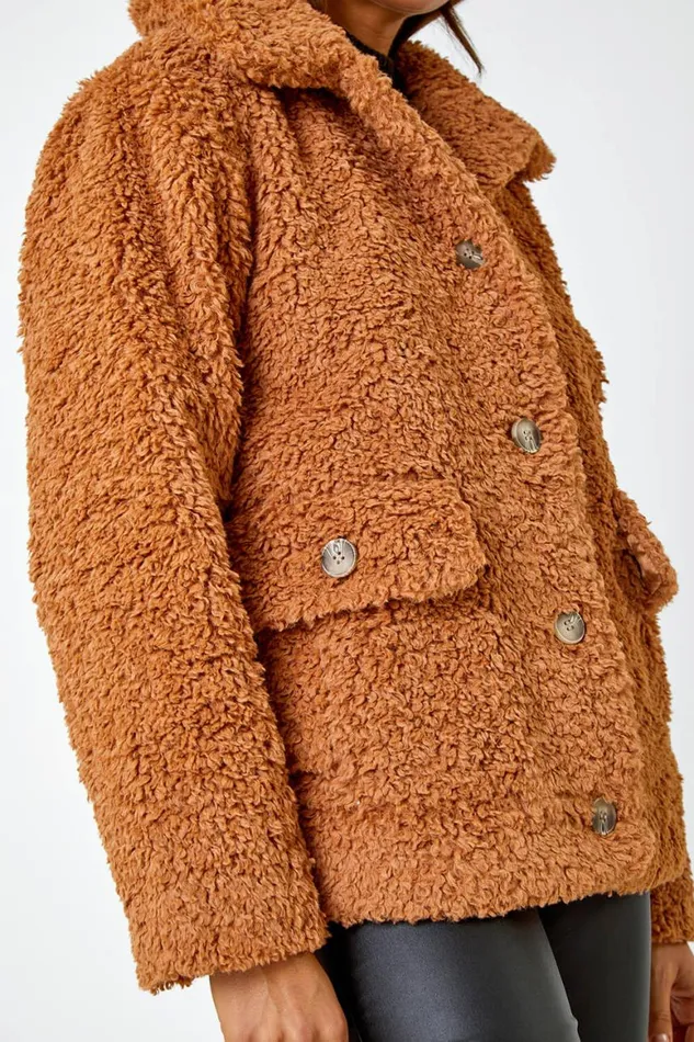 Women Rust Short Soft Teddy Coat Roman Coats