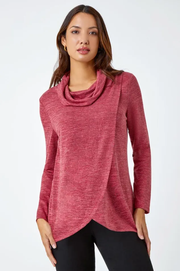Women Rust Wrap Front Cowl Neck Stretch Top Roman Tops
