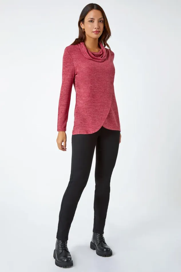 Women Rust Wrap Front Cowl Neck Stretch Top Roman Tops