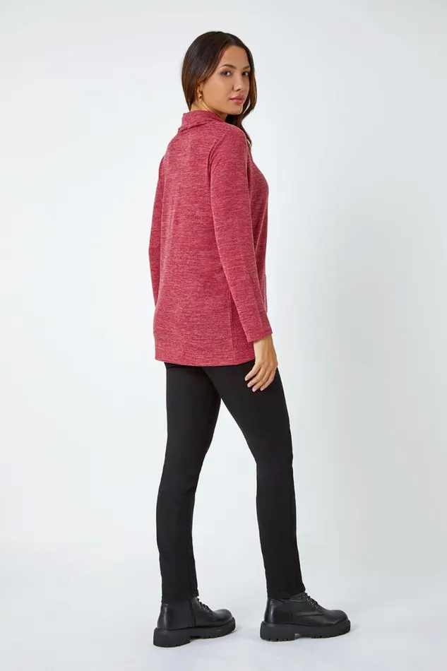 Women Rust Wrap Front Cowl Neck Stretch Top Roman Tops