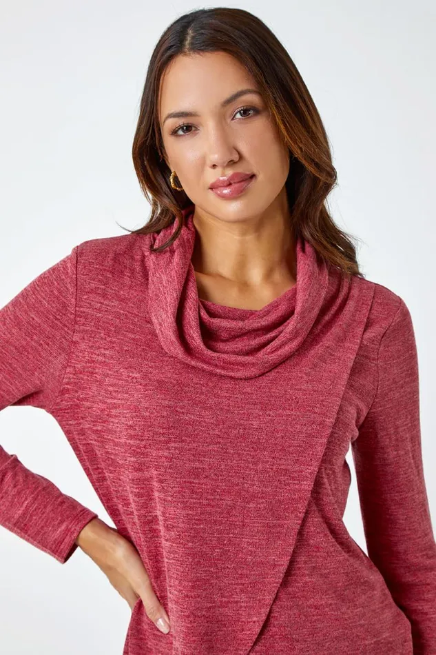 Women Rust Wrap Front Cowl Neck Stretch Top Roman Tops