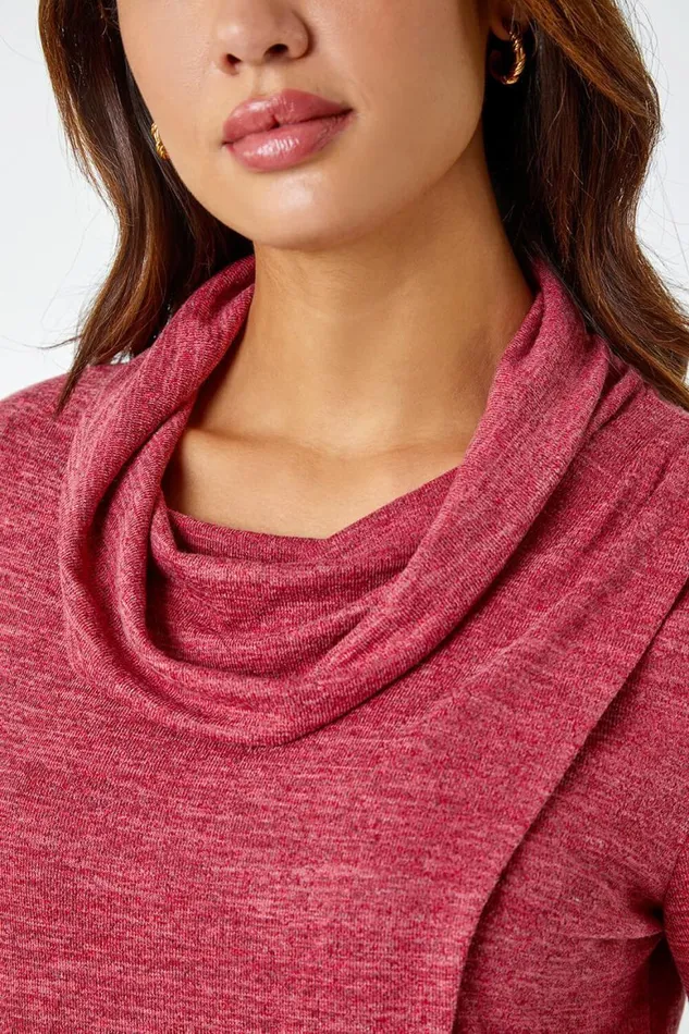 Women Rust Wrap Front Cowl Neck Stretch Top Roman Tops