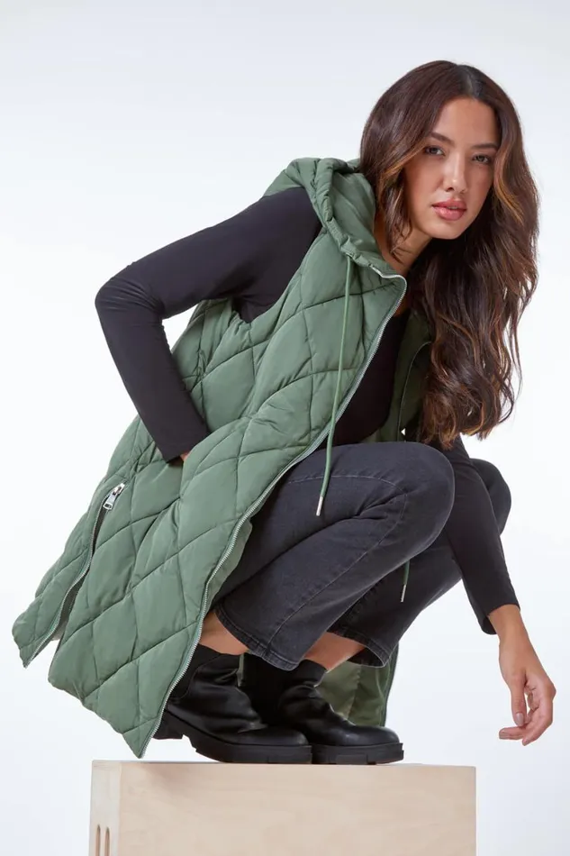 Women Sage Diamond Quilted Hooded Gilet Roman Coats