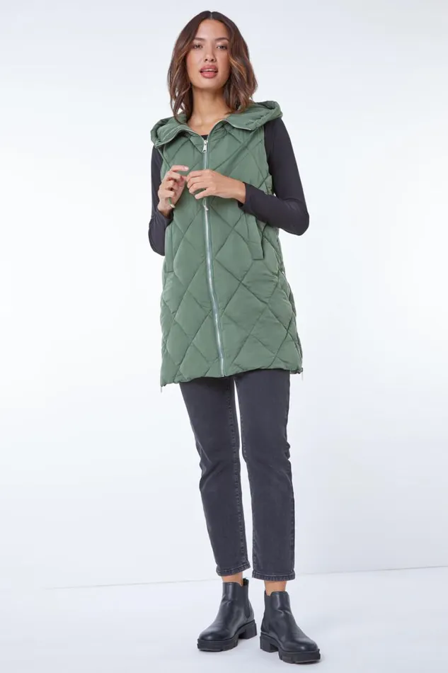 Women Sage Diamond Quilted Hooded Gilet Roman Coats