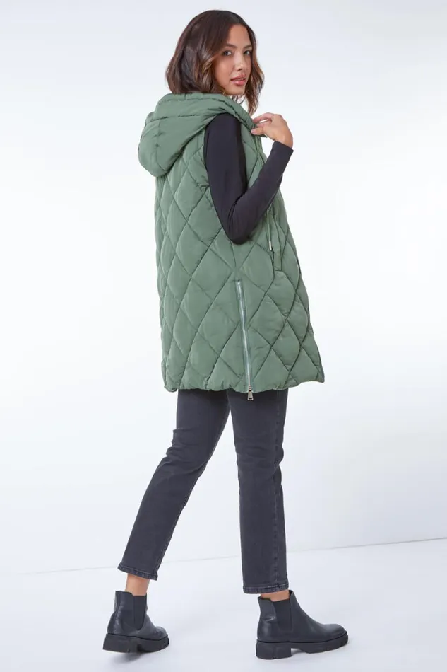 Women Sage Diamond Quilted Hooded Gilet Roman Coats