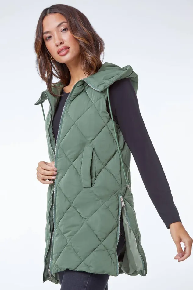 Women Sage Diamond Quilted Hooded Gilet Roman Coats