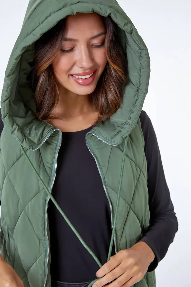 Women Sage Diamond Quilted Hooded Gilet Roman Coats
