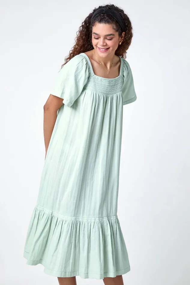 Women Sage Embroidered Cotton Midi Smock Dress Roman Dresses
