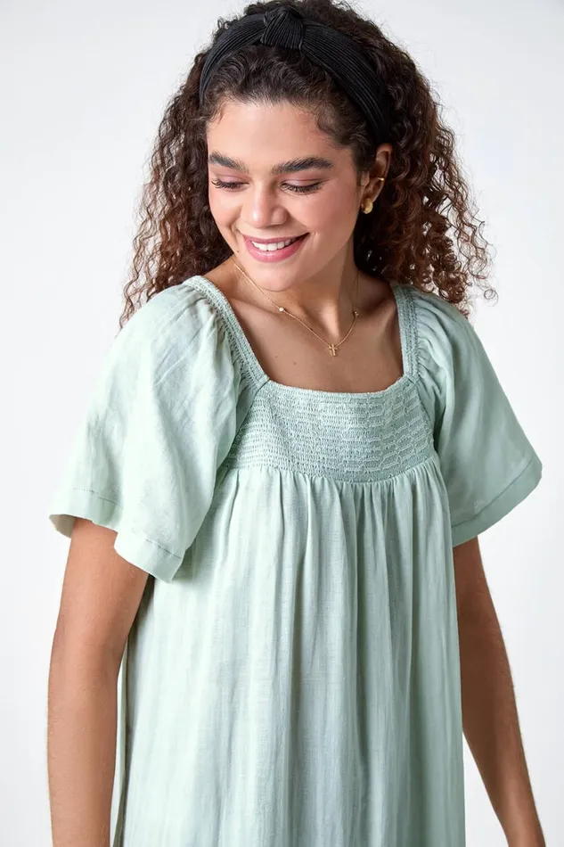 Women Sage Embroidered Cotton Midi Smock Dress Roman Dresses