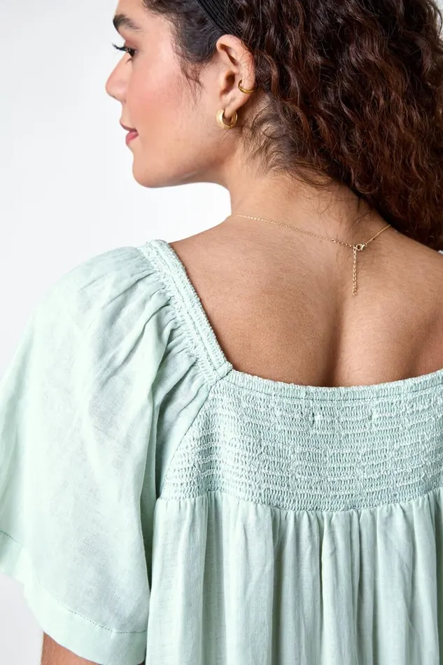 Women Sage Embroidered Cotton Midi Smock Dress Roman Dresses