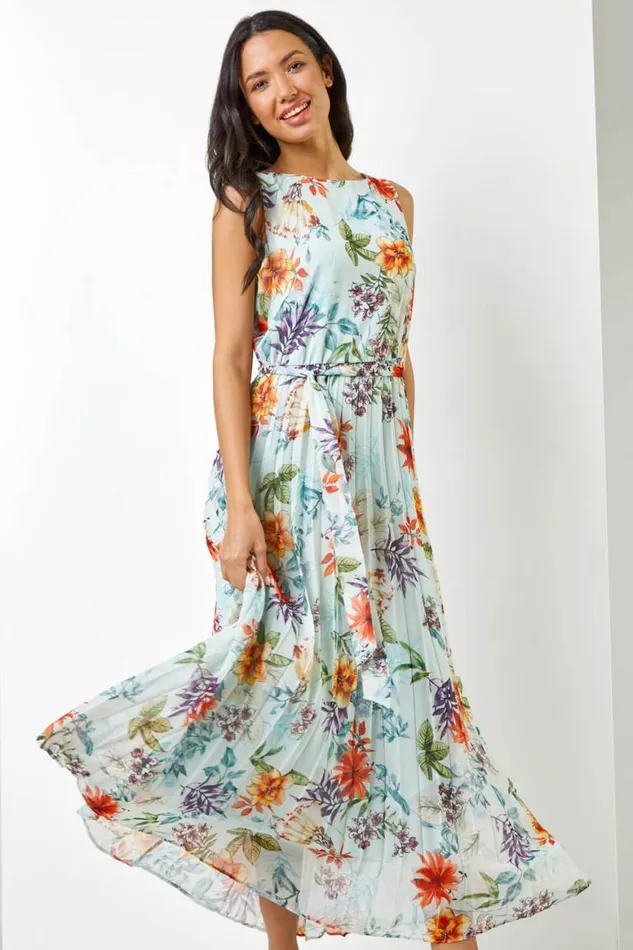 Women Sage Floral Print Pleated Maxi Dress Roman Dresses