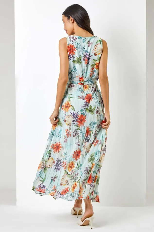 Women Sage Floral Print Pleated Maxi Dress Roman Dresses