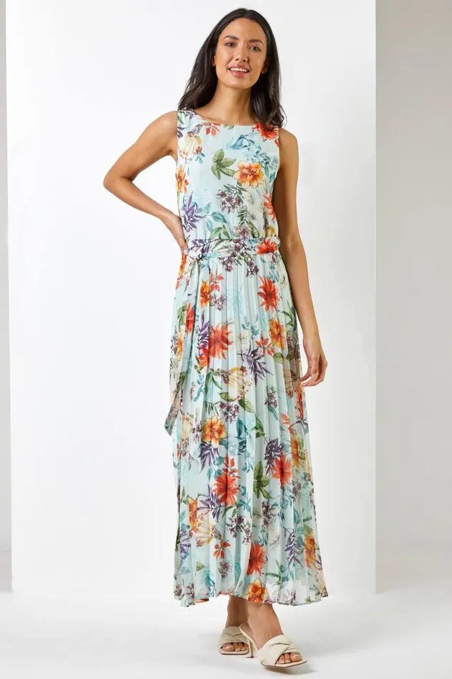 Women Sage Floral Print Pleated Maxi Dress Roman Dresses
