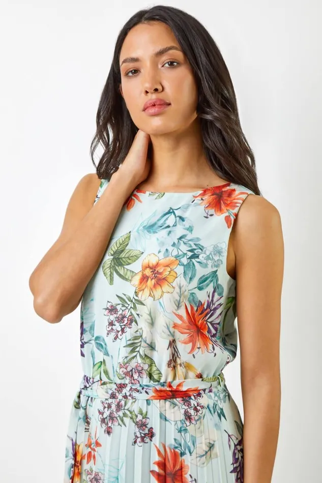 Women Sage Floral Print Pleated Maxi Dress Roman Dresses