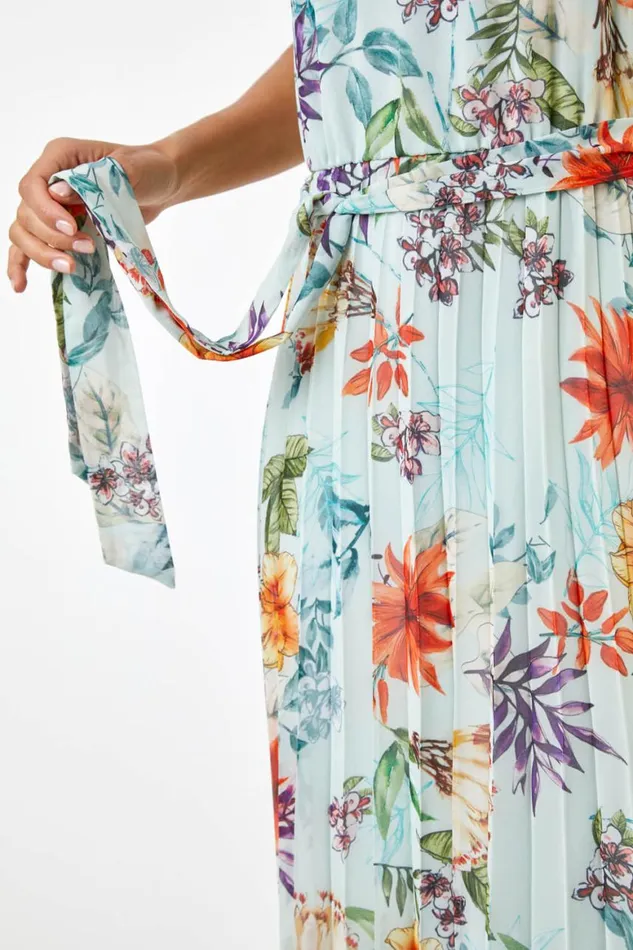 Women Sage Floral Print Pleated Maxi Dress Roman Dresses
