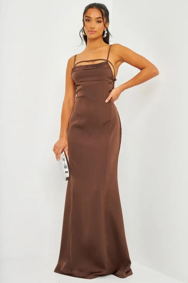 Women Satin Cami Maxi Dress With Open Back In Brown Brown Brentiny Paris Ceremonial Outfits Women Satin Cami Maxi Dress With Open Back In Brown Brown Brentiny Paris Ceremonial Outfits