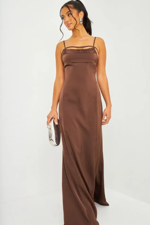 Women Satin Cami Maxi Dress With Open Back In Brown Brown Brentiny Paris Ceremonial Outfits