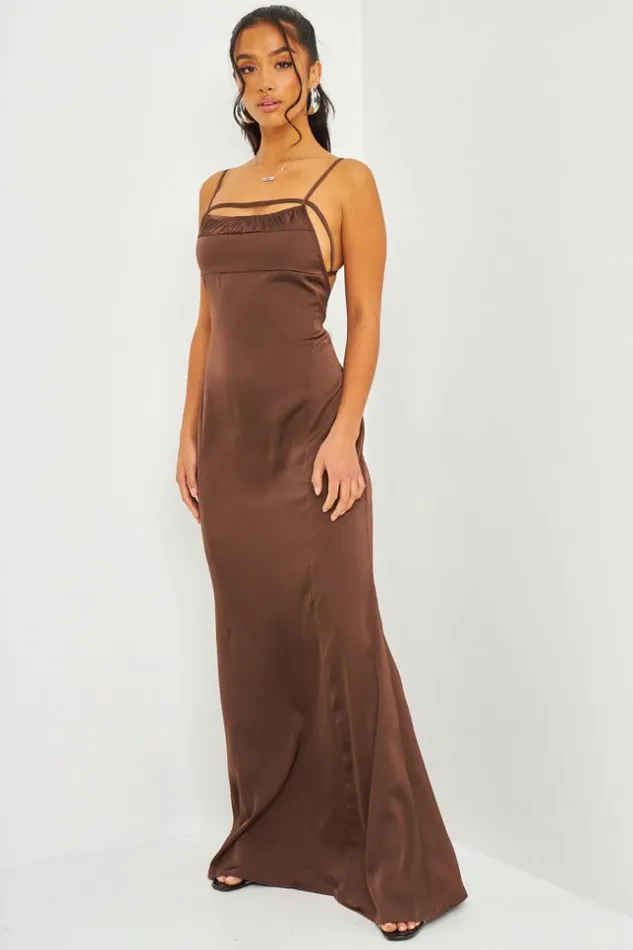 Women Satin Cami Maxi Dress With Open Back In Brown Brown Brentiny Paris Ceremonial Outfits