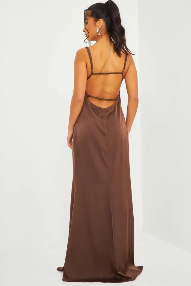 Women Satin Cami Maxi Dress With Open Back In Brown Brown Brentiny Paris Satin Dresses