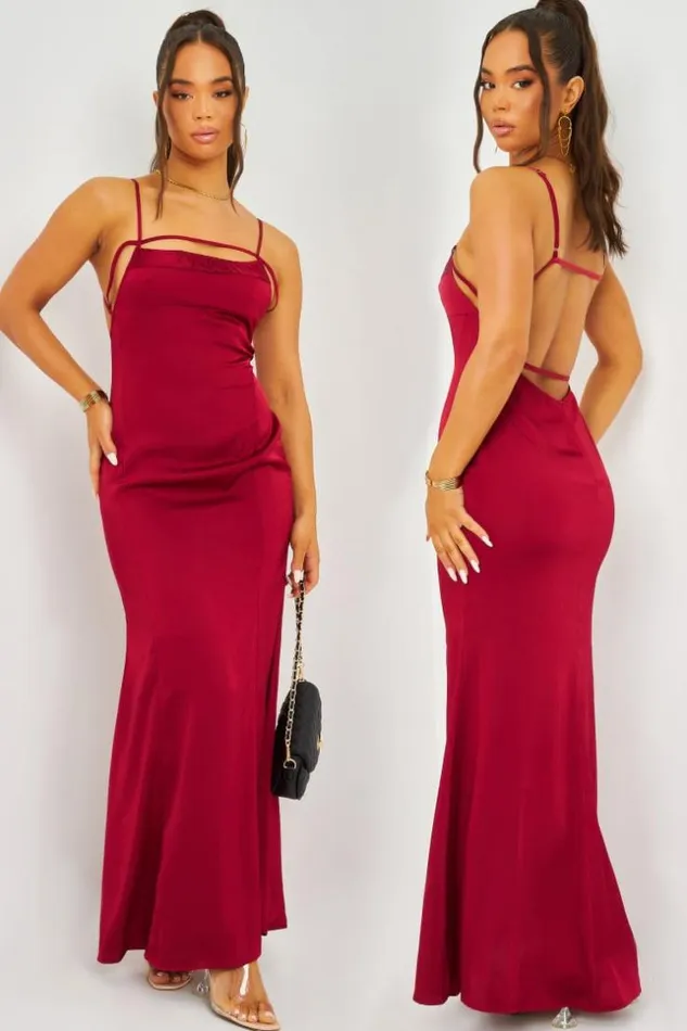 Women Satin Cami Maxi Dress With Open Back In Red Red Brentiny Paris Satin Dresses