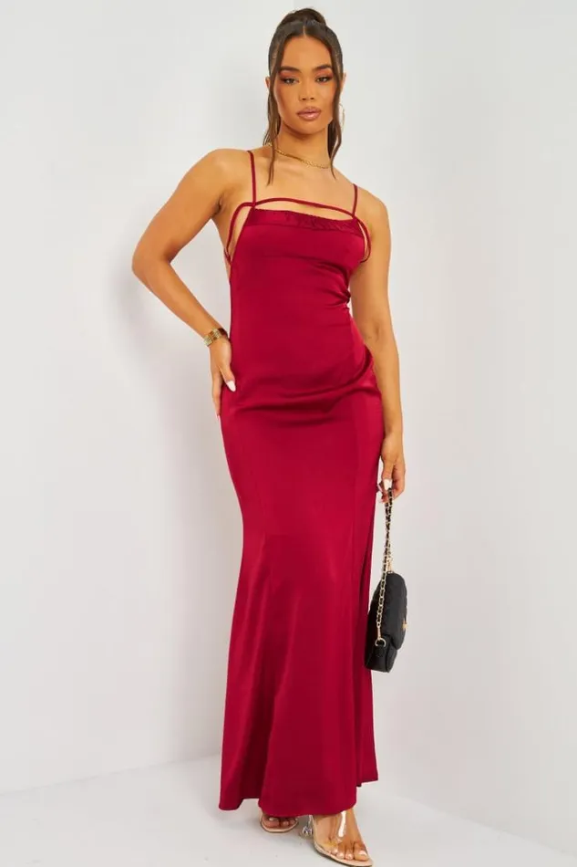 Women Satin Cami Maxi Dress With Open Back In Red Red Brentiny Paris Satin Dresses
