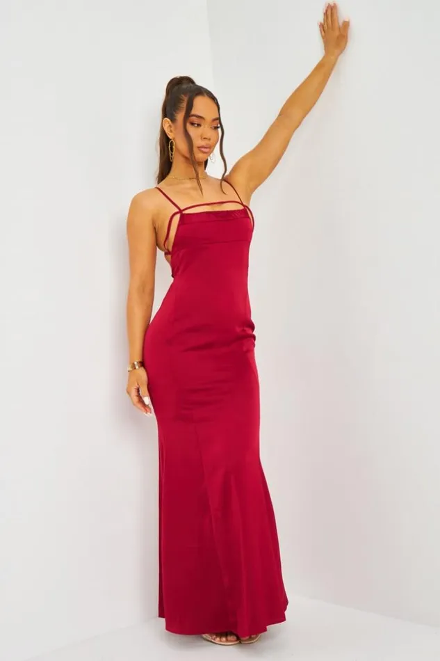 Women Satin Cami Maxi Dress With Open Back In Red Red Brentiny Paris Satin Dresses