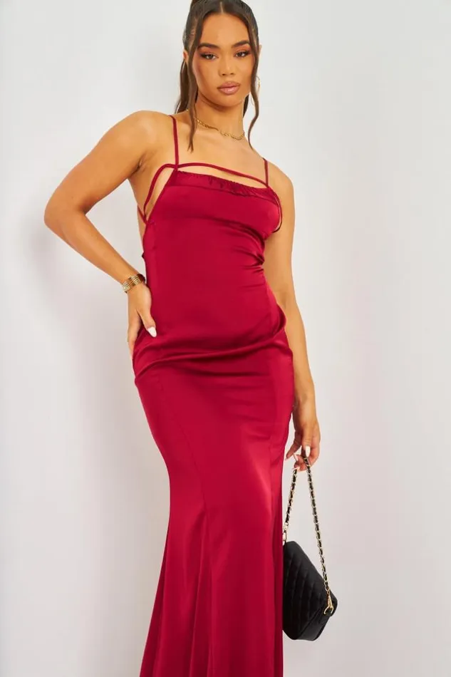 Women Satin Cami Maxi Dress With Open Back In Red Red Brentiny Paris Satin Dresses