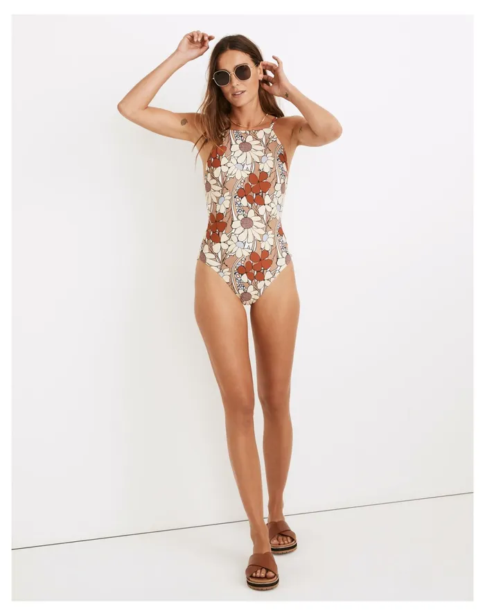 Women Second Wave High Neck One Piece Swimsuit In Daydream Floral Faded Earth Madewell Swim Women Second Wave High Neck One Piece Swimsuit In Daydream Floral Faded Earth Madewell Swim