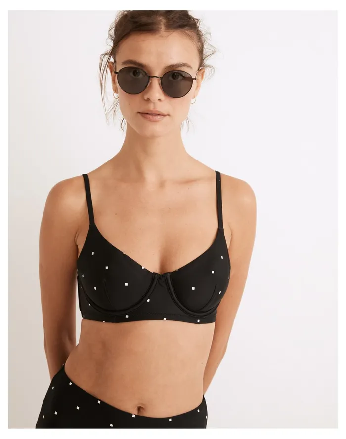 Women Second Wave Peekaboo Back Longline Bikini Top In Square Spots True Black Madewell Swim Women Second Wave Peekaboo Back Longline Bikini Top In Square Spots True Black Madewell Swim