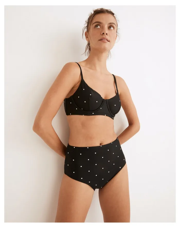 Women Second Wave Peekaboo Back Longline Bikini Top In Square Spots True Black Madewell Swim Women Second Wave Peekaboo Back Longline Bikini Top In Square Spots True Black Madewell Swim