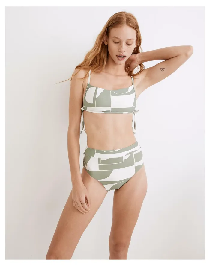Women Second Wave Side Tie Bikini Top In Mod Shapes Frosted Willow Madewell Swim