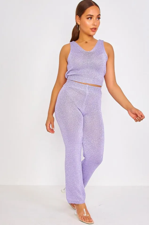 Women Shiny Purple Knitted Mesh Top Pants Set Purple Brentiny Paris Sets With Top Bottoms Women Shiny Purple Knitted Mesh Top Pants Set Purple Brentiny Paris Sets With Top Bottoms