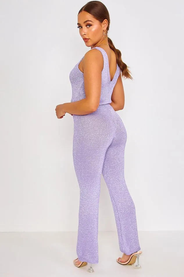Women Shiny Purple Knitted Mesh Top Pants Set Purple Brentiny Paris Sets With Top Bottoms
