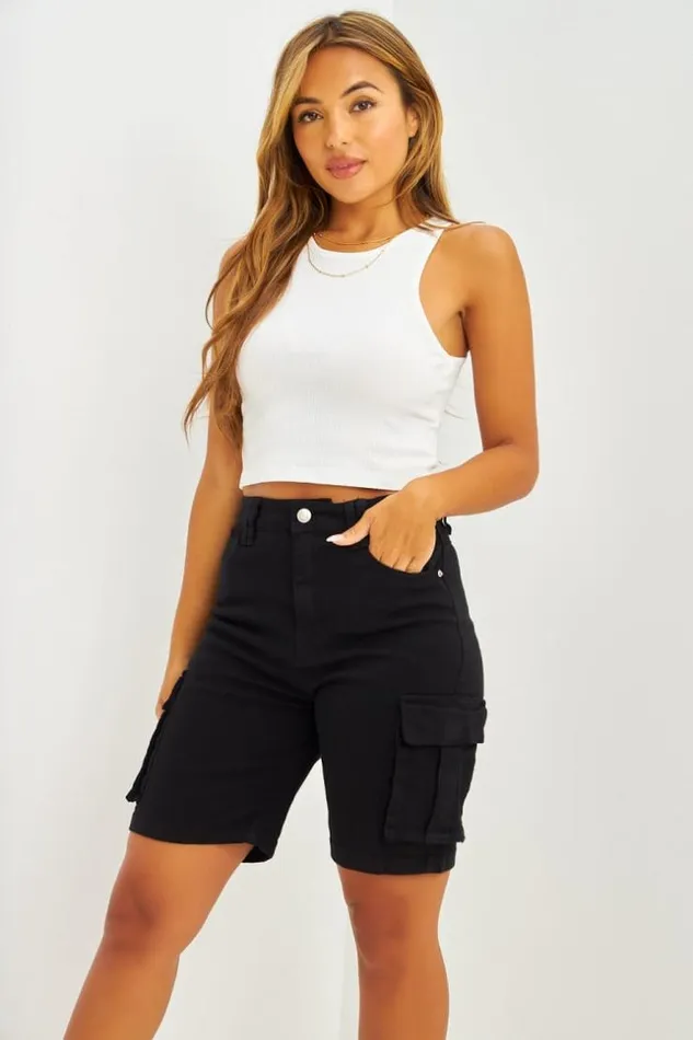 Women Short Cargo En Jean Noir Black Brentiny Paris Shorts