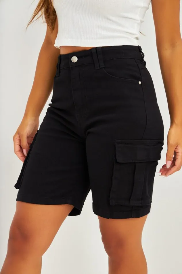 Women Short Cargo En Jean Noir Black Brentiny Paris Shorts