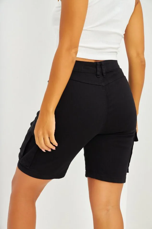 Women Short Cargo En Jean Noir Black Brentiny Paris Shorts