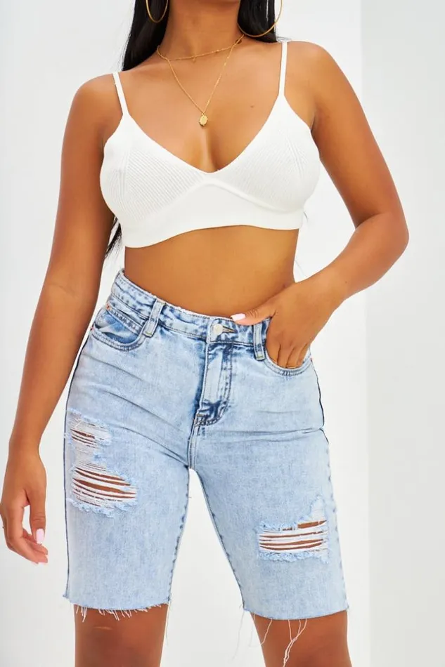 Women Short En Jean Effet Dchir Bleu Fonc Bleuclair Brentiny Paris Shorts