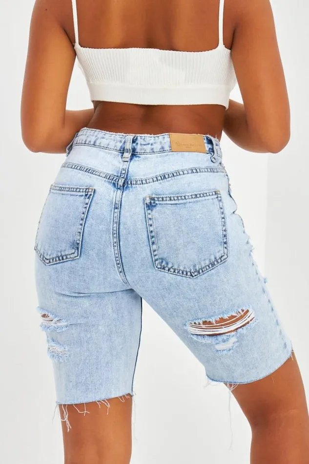 Women Short En Jean Effet Dchir Bleu Fonc Bleuclair Brentiny Paris Shorts