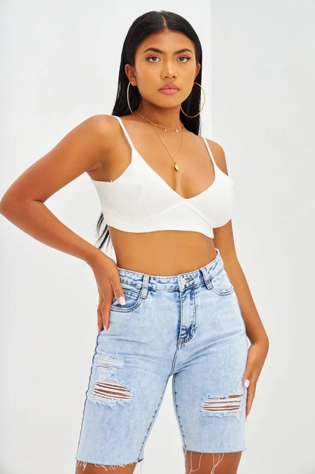 Women Short En Jean Effet Dchir Bleu Fonc Bleuclair Brentiny Paris Shorts
