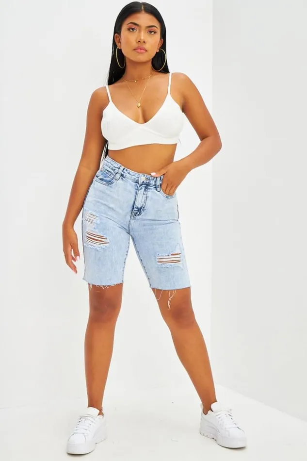 Women Short En Jean Effet Dchir Bleu Fonc Bleuclair Brentiny Paris Shorts
